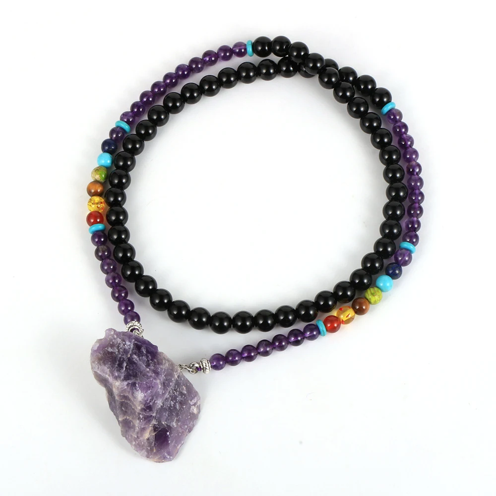 

New Bohemia Ethnic Natural Irregular Amethysts Pendant Necklace 6mm Crystal Beaded Long Sweater Necklace For Women Jewelry