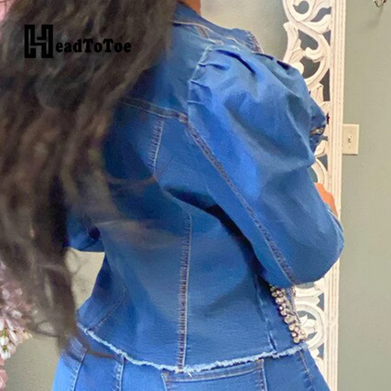 

Solid Pocket Beading Embellished Button Fashion Streetwear Women Tops Full Sleeve Turn Down Collar Denim Jacket Woman