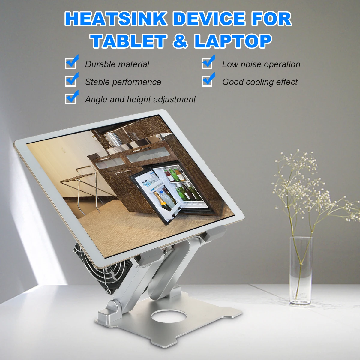 

Tablet Stand Holder Laptop Cooler Heatsink Device with Cooling Fan Height & Angle Adjustable Low Noise for Tablet & Laptop