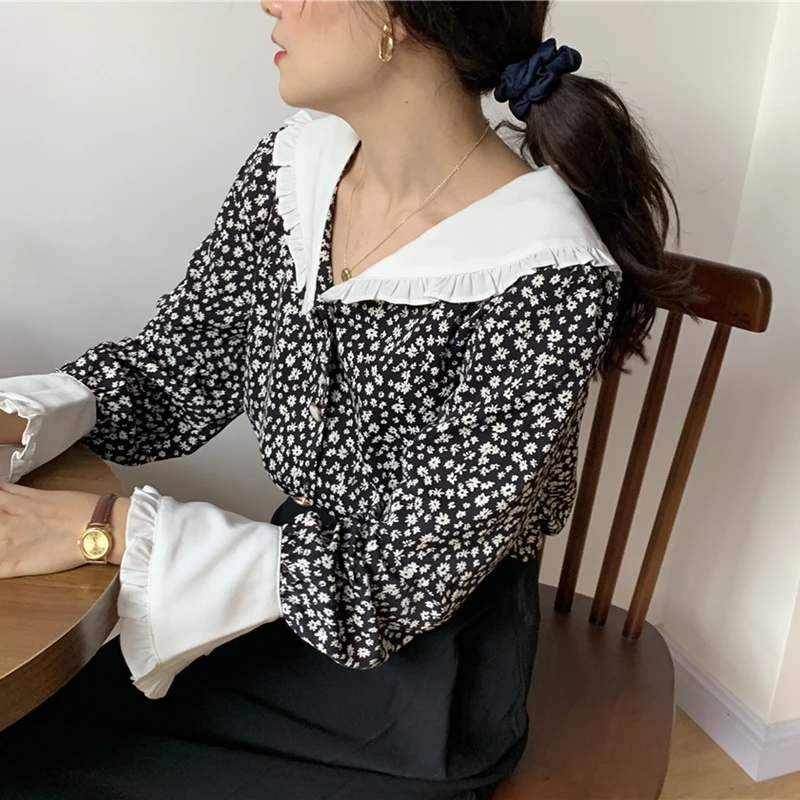 RealShe женская рубашка с воротником Питер Пэн длинный рукав фонарик оборки блузка