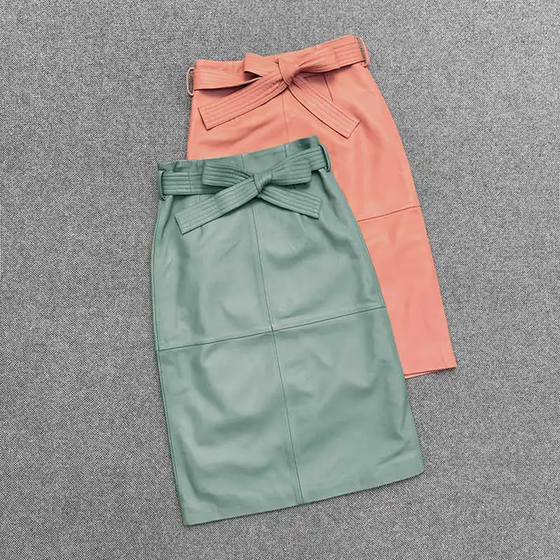 

Autumn High-rise Women's leather Skirts High quality genuine leather bow pencil skirt C553