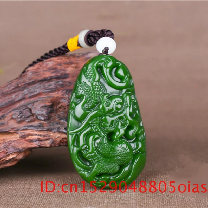 Китайский Натуральный дракон зеленый нефрит кулон ожерелье ручной резной Шарм