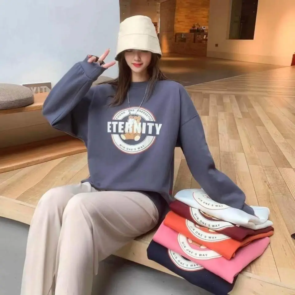 

Cubs sweater female student loose spring and autumn thin section 2021 new Korean ins trend wild round neck cotton top