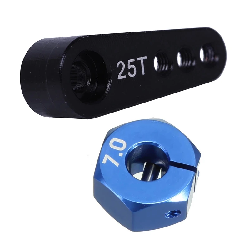 

1Pcs 28.5Mm 25T Teeth Tooth Steering Half Servo Arm Horn for 1/10 Rc Car Black & 1 Set Rc Blue Aluminum 7.0 Wheel Hex 12Mm Drive