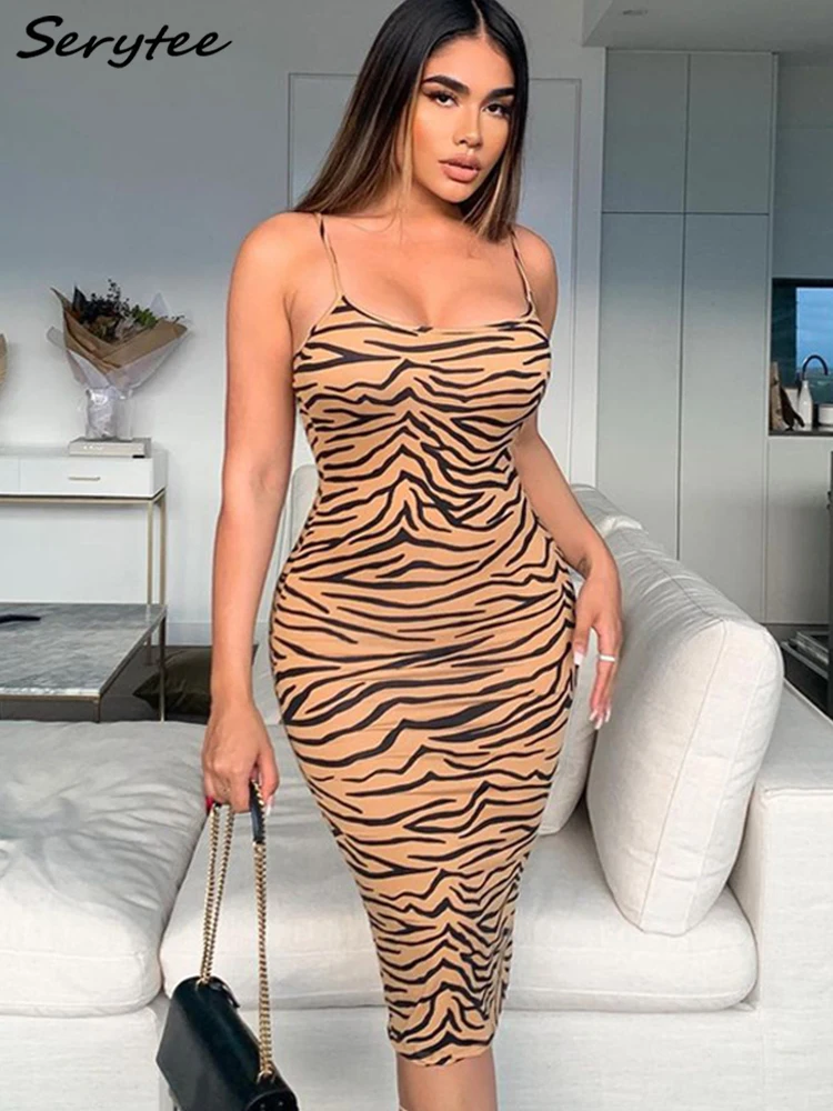 

Serytee Tiger Print Spaghetti Strap Long Seeve For Women 2022 Sleeveless V Neck Animal Party Clubwear Pencil Dress Summer Robe