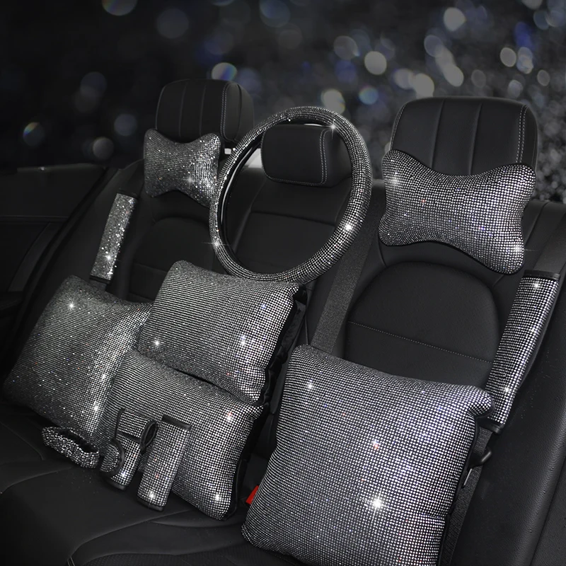 

Bling Bling Car Headrest Rhinestone Crystal Diamond Neck Pillows Seat Waist Supports Auto Lumbar Woman Girls Seats Pillow Set