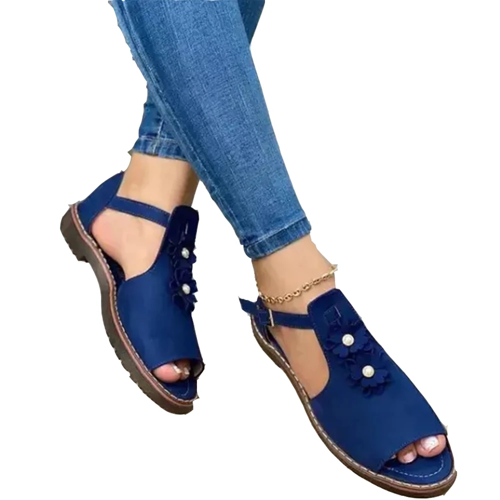 

Peep Toe Flower Sandals Women 2021 Summer New Fashion Buckle Ladies Casual Flat Shoes Home Beach Female Dress Sandals Big Size