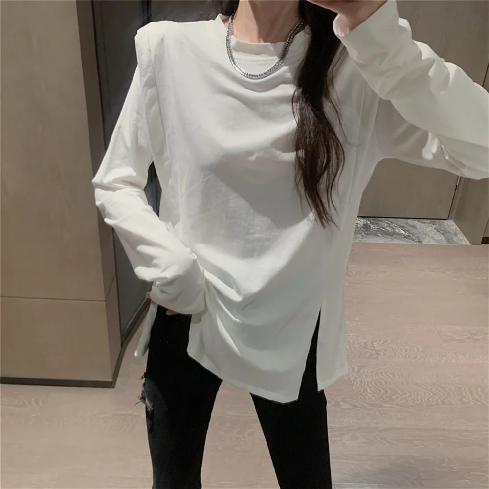 

Alien Kitty Fashion Solid Split T-Shirts Elastic Cotton Women New Outwear 2021 Hot Sale Autumn Full Sleeves Office Lady Tops