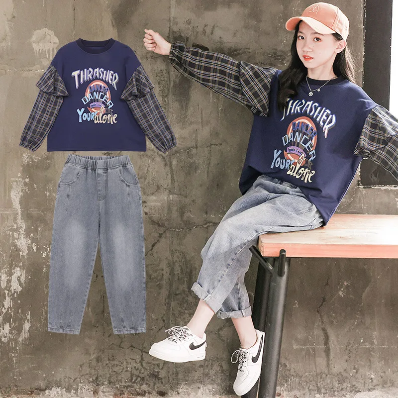 

Girls Spring 2022 New Clothes Outfits Fashion Big Children Stitching Sweatshirt Pullover + Jeans Two-piece Set for Teen Clothing