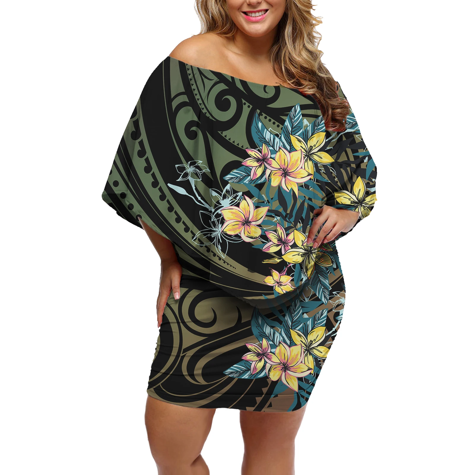 

HYCOOL Elegant Casual Plus Size Bodycon Short Dress Polynesian Hibiscus Print Evening Dress Women Off Shoulder Party Midi Dress