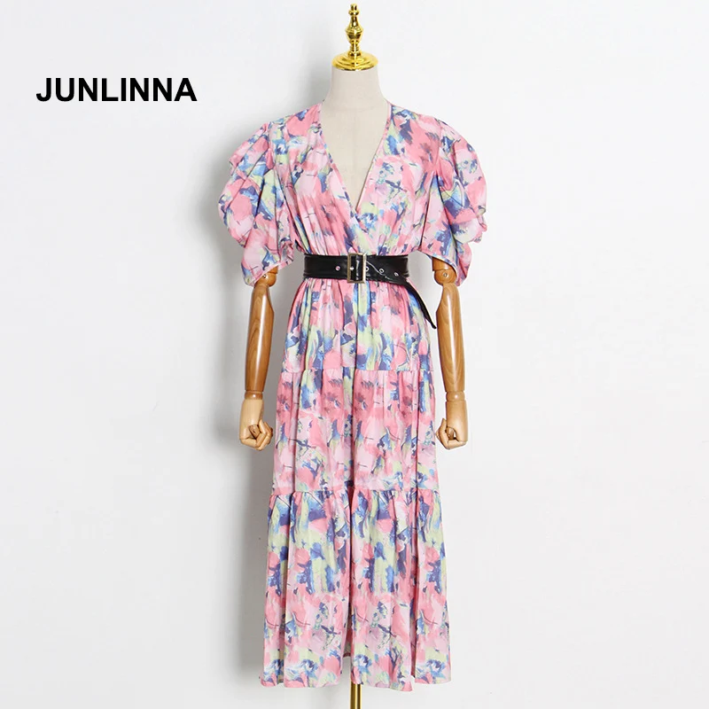 

Модельное праздничное платье JUNLINNA, праздничное платье с принтом, коротким пышным рукавом и V-образным вырезом, приталенное платье с поясом, ...