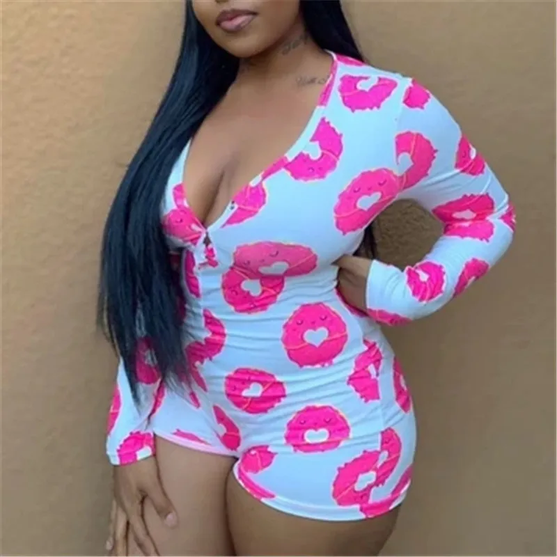 

Imcute New Sexy Women Deep V-neck Bodycon Sleepwear Jumpsuit Shorts Romper Bodysuit Leotard Long Sleeve Print Buttons Bodysuit