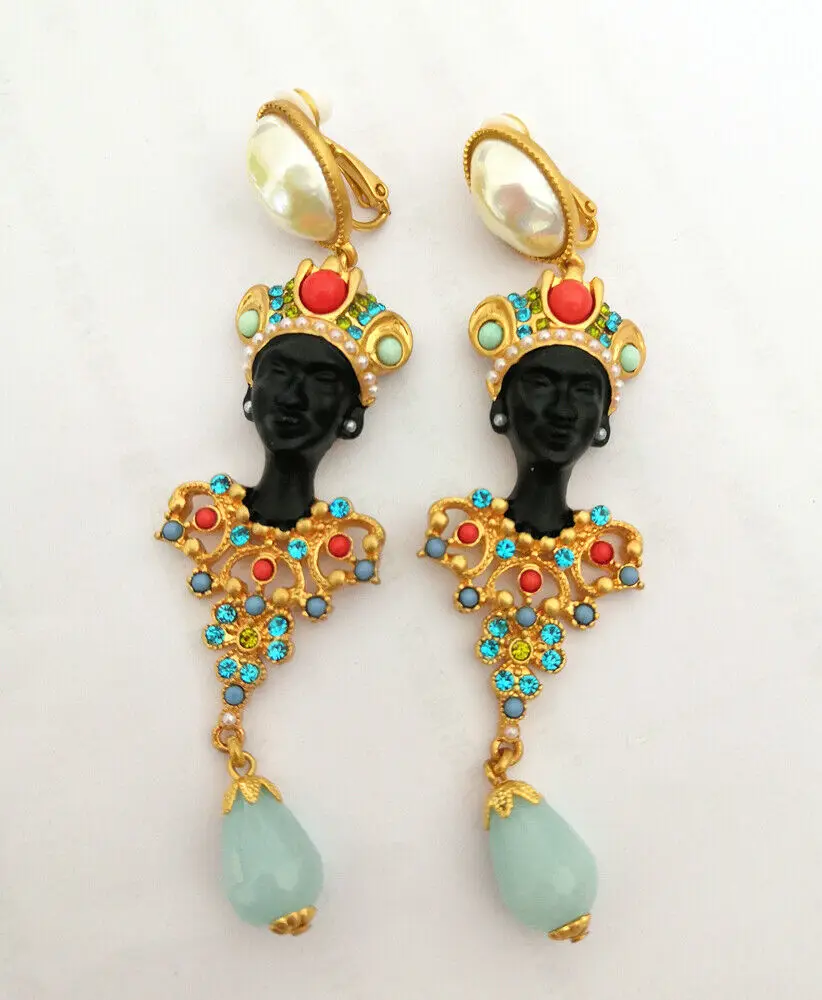 

High End vintage jewelry Unusual Estate LUCITE GLASS CRYSTAL BLACK AMOOR DROP clip EARRINGS long hanging earrings for woman