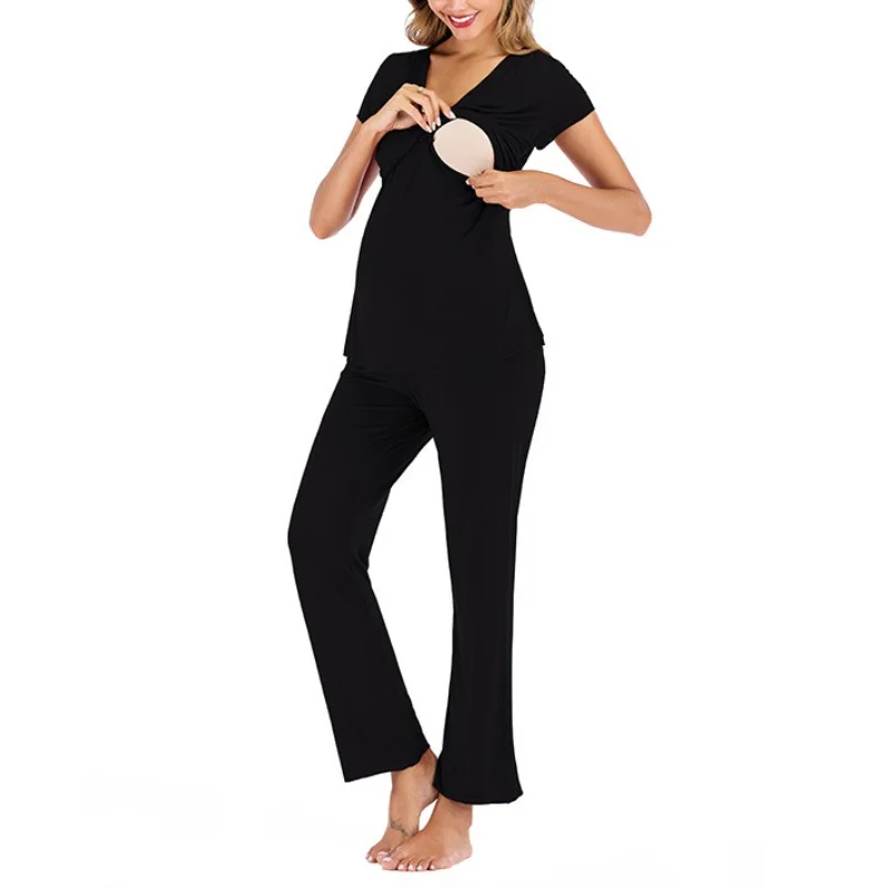 

Women's Sleepwear Sets Pregnant Maternity Clothes Slim Solid Color V-Neck Short Sleeve Tops Long Pant Breastfeeding Pajamas Set.