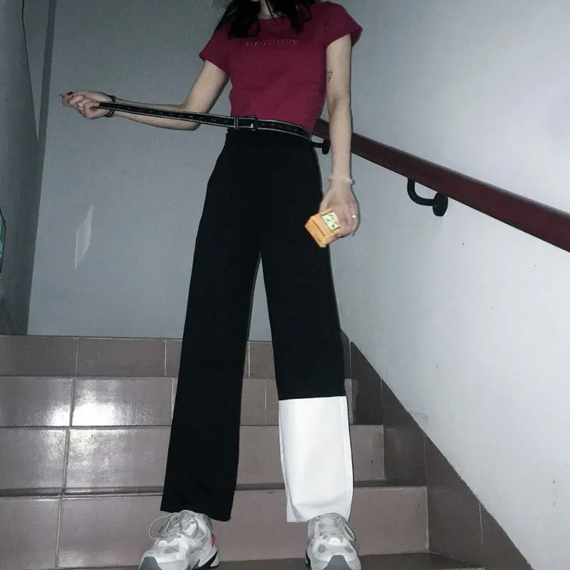 Harajuku черный белый цвет контрастные штаны пэчворк женские длинные брюки с высокой