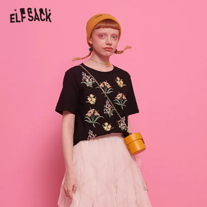 ELFSACK черный цветочный принт вышивка Повседневная футболка Женский Топ лето 2019