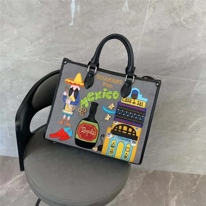 Women Bags Canvas Patchwork Embroidery Purse Shoulder Bags Handbag Tote Braccialini Style Handmade Art Cartoon Mexican Souvenirs