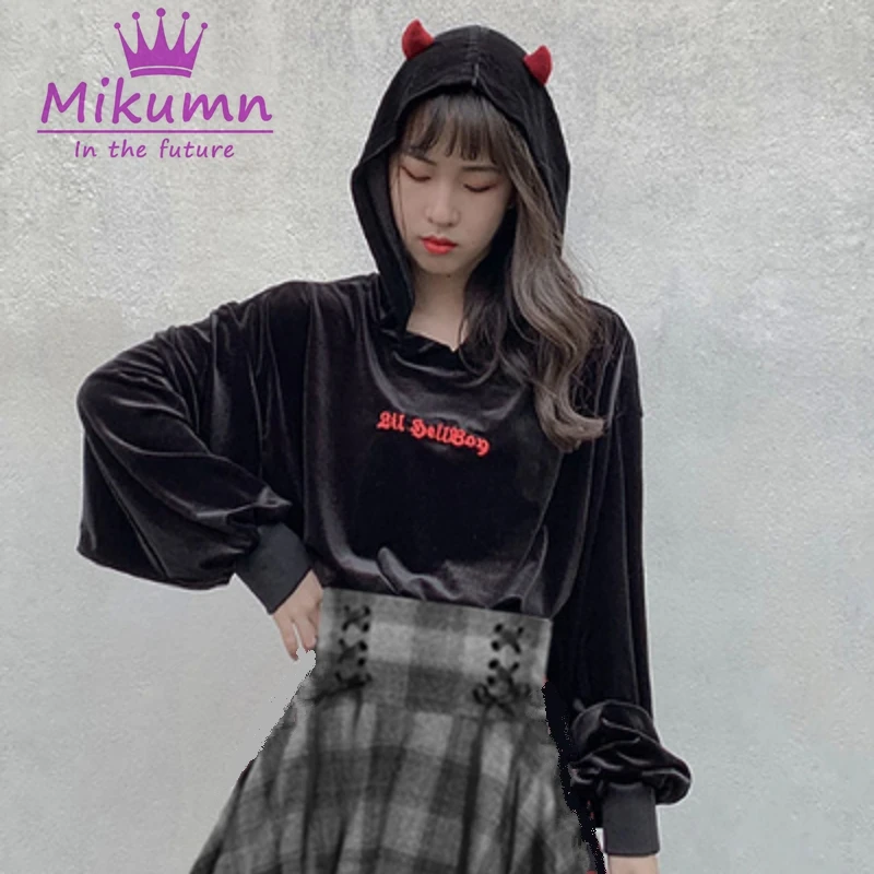 Harajuku дьявол в готическом стиле Толстовка Осенняя Женская толстовка с длинным