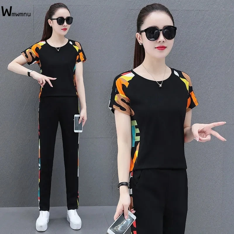 

Wmwmnu Strendy Short Sleeve Sports Tracksuit Grils Streetwear Slim Print Graffiti Sweatsuit 2021 New Black Fitness Two Piece Set