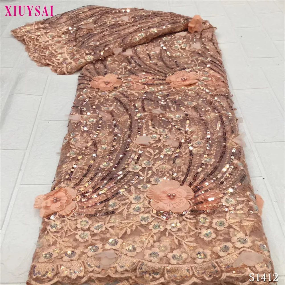 Африка кружевной 2020 сетчатая ткань с блестками ажурная гофрированная Блестки из