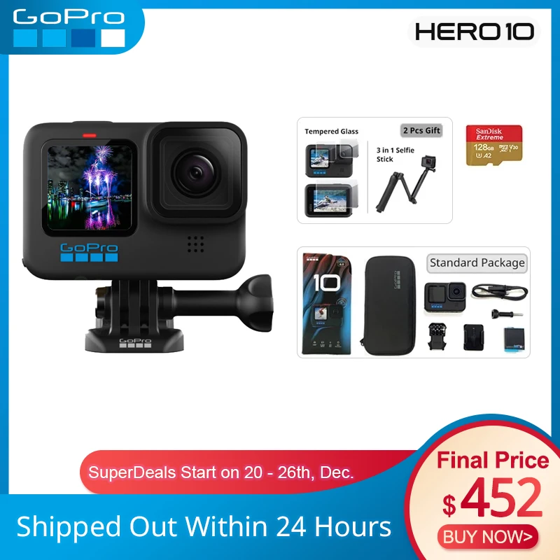 Экшн-Камера GoPro HERO 10 Black экран 5 3 к Спортивная камера 23 МП GP2 Водонепроницаемая