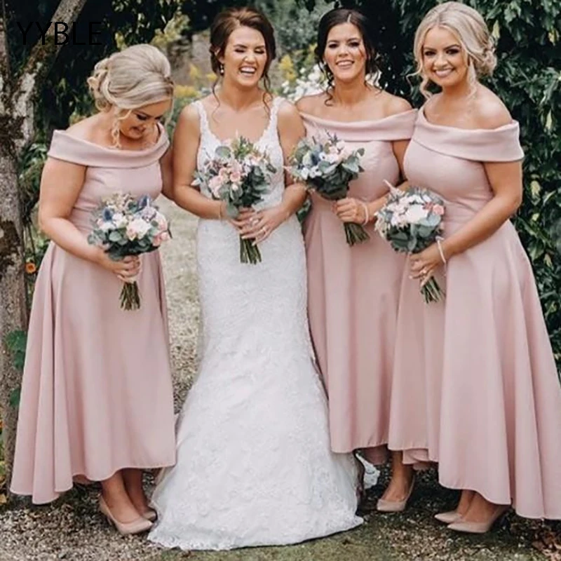 

New Blush Pink Bridesmaid Dresses 2020 Off Shoulder Backless Stain High Low Cheap Wedding Guest Prom Party Dresses Customized