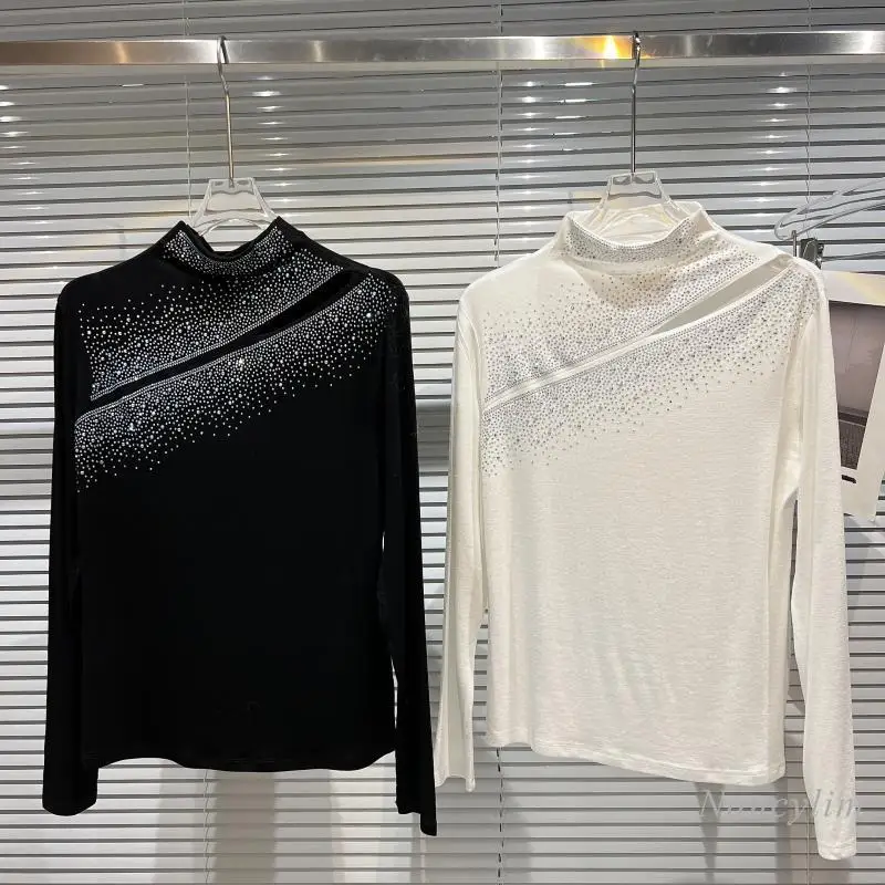 

Gradient Rhinestone T-shirt Women 2022 Spring New Socialite Sexy Hollow Off-Shoulder Design Stretch T Shirts Tops White Black