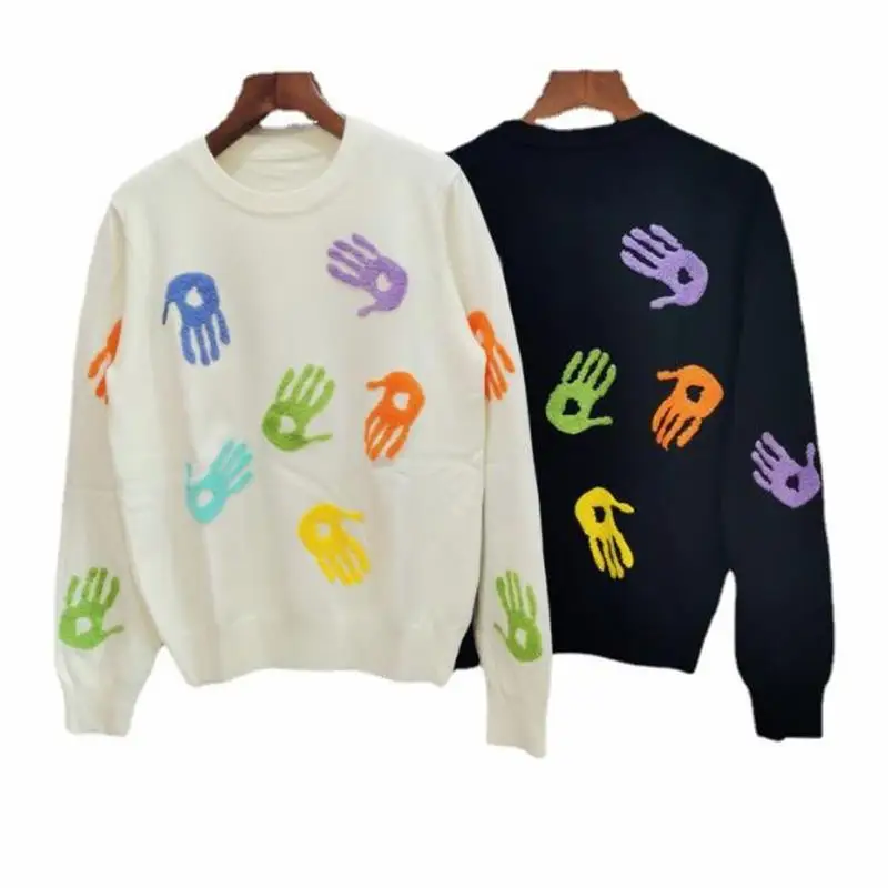 

New Autumn Winter Women's Flocking Covered With Color Handprint Embroidery Round Collar Pullover Loose Jersey
