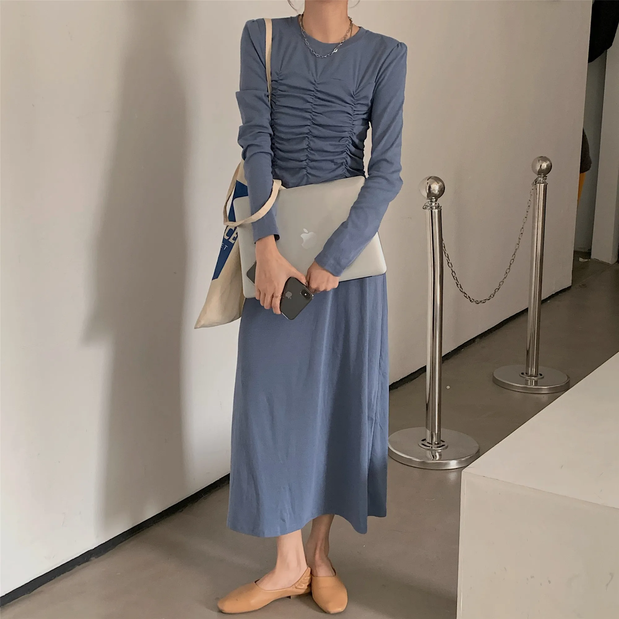 

GRUIICEEN Autumn New Long Sleeve Maxi Dresses for Women Elegant Office Pleated Dress 2021 Solid Color Long Vestidos YOU986