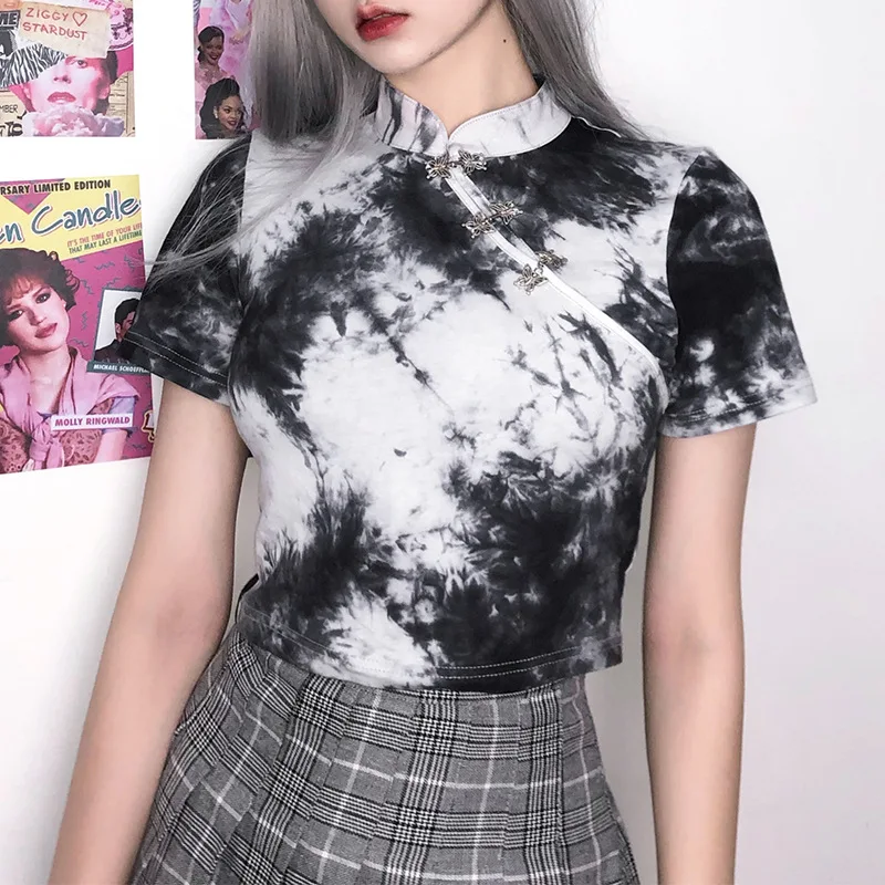 

Женская Винтажная Футболка GothGirl в стиле панк с серыми чернилами и китайской пряжкой, облегающий топ с короткими рукавами, модная женская фу...