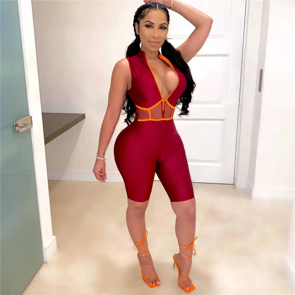 Сетчатые Лоскутные повседневные Комбинезоны женские на молнии с v образным