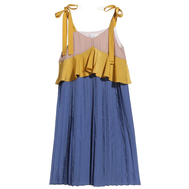 

XUXI Women V-neck Stitching Contrast Color Ruffled Pleated Suspender Skirt Holiday Skirt Female Summer 2021 E1534