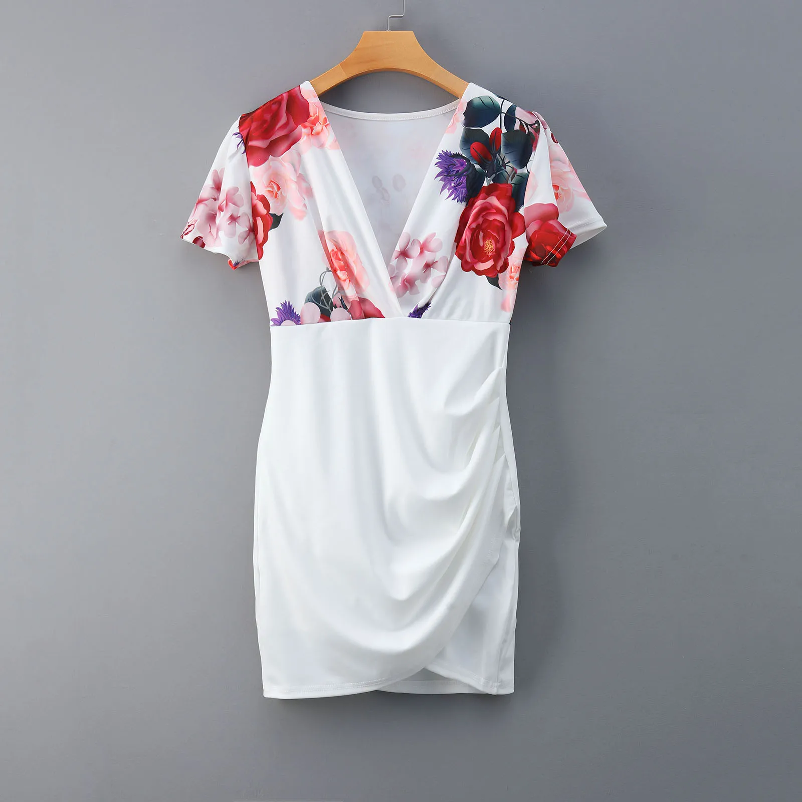 

Women's Summer Dress Ladies Fashion Ruffled V-neck Slim Short-sleeved Printed Dress Holiday Beach Sundress Vestidos Robe D24#