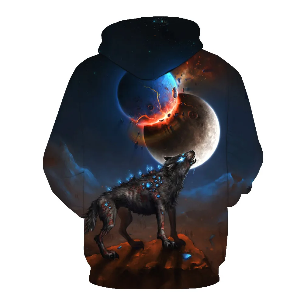 

CNUUIKOOEK Sweatshirts Men's 3D Magic Wolf Planet Impact Printed Hooded Pocket Pullover Hoody Fashion Hooded Men's Hoodies