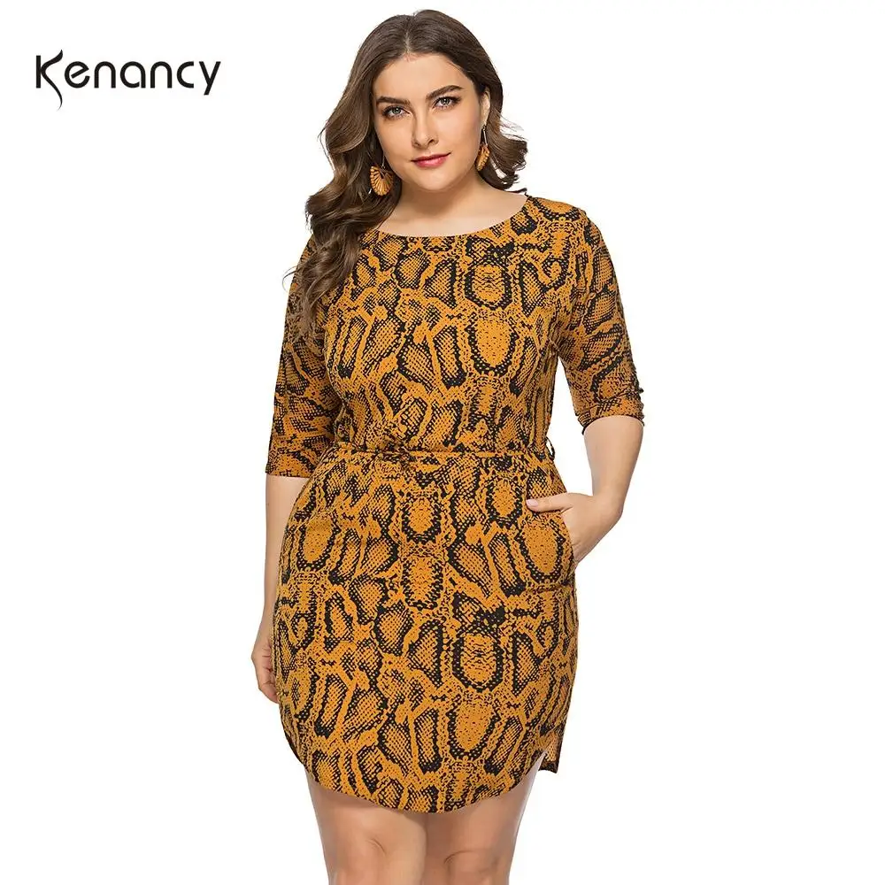 Kenancy Women Plus Size Dress Snake Print Sexy Bodycon Mini Dresses Summer O-Neck 3/4 Length Sleeves Pocket Irregular | Женская одежда