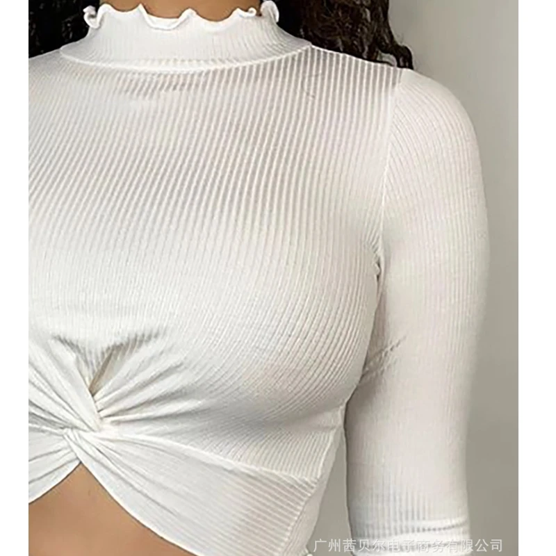 

Mandylandy Ear Basic Top Tshirts Sexy O-neck Tight Women Crop Tops Women Stripe Kinked Wooden Long Sleeve White Short Tshirt
