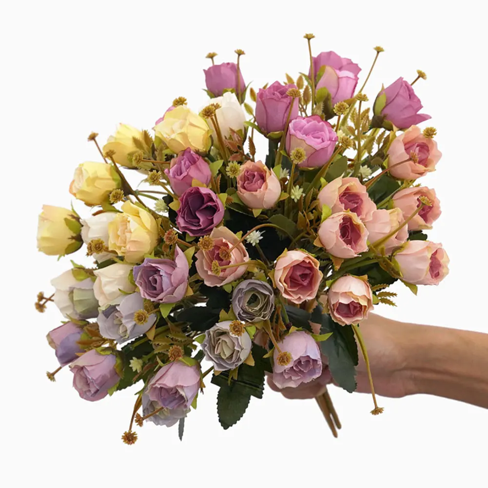 

Artificial Rose Flower Silk European Style Bouquet Fake Flowers Small Bud Roses Bract Simulation Wedding Home Party Decoration