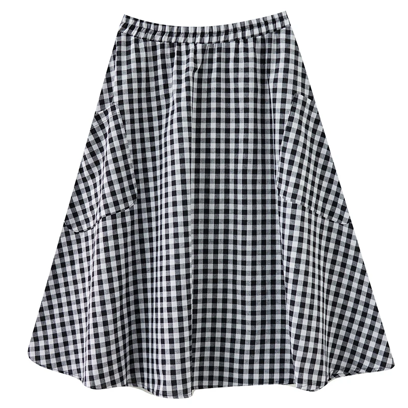 

Double Pocket Plaid Skirt Female Summer 2021new Plus Size Elastic Waist Loose and Thin Mid-length A-line Skirt with Reduced Age