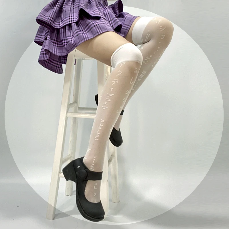 Harajuku Gothic Japanese Letter Print Sexy Lolita Lace High Stockings Women Girls Summer Thin Streetwear Knee Socks Anime Korean