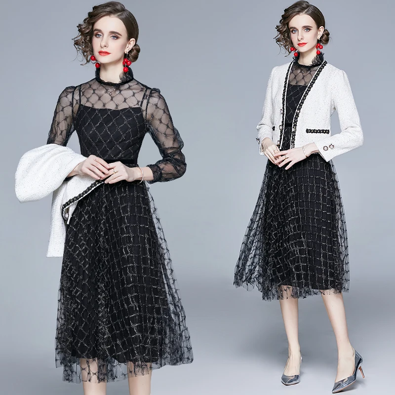 

ZUOMAN Women Spring Elegant Dress Suit Set High Quality Outerwear Office Lady Party Robe Femme vinatge Designer Mesh Vestidos