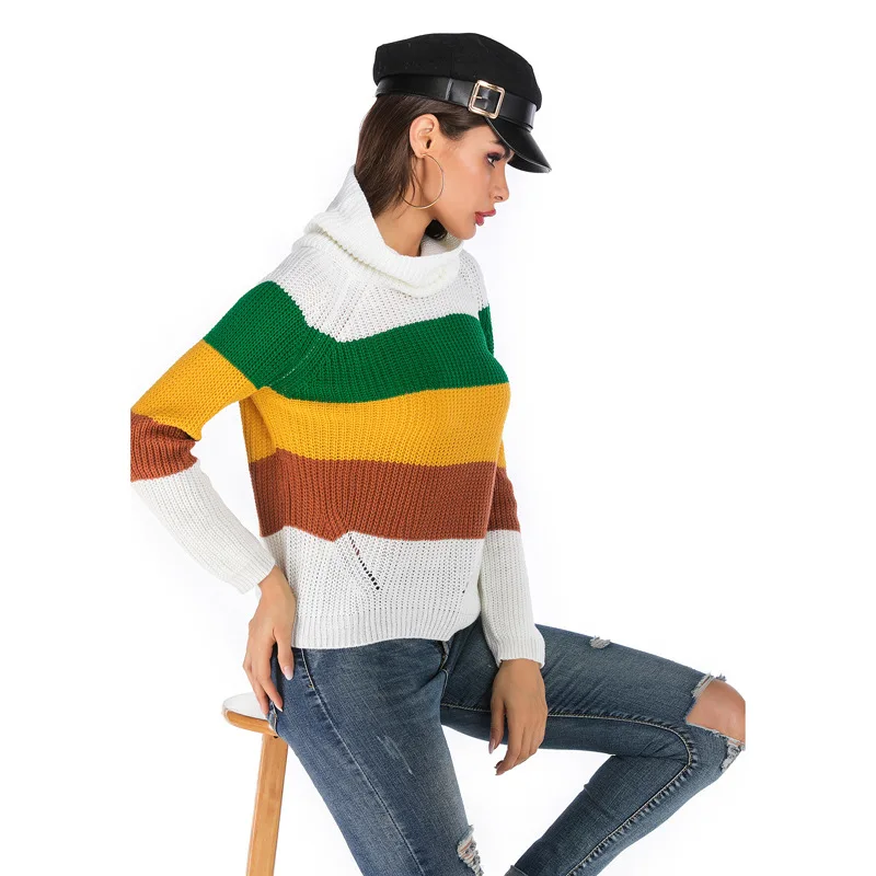 

Женский пуловер контрастных цветов в полоску, трикотажный пуловер с воротником-стойкой и длинными рукавами, Модный свитшот в стиле Харадзю...