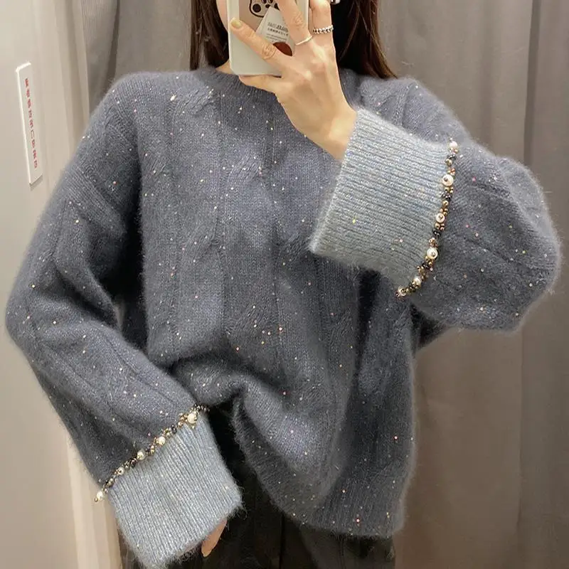 

Женский вязаный свитер с длинным рукавом, теплый плотный вязаный джемпер с круглым вырезом и бусинами, женские топы, пуловеры, зима 2021