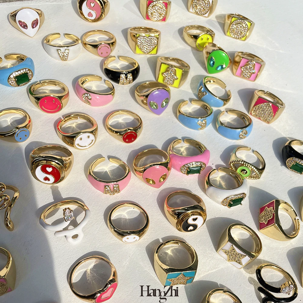 

HangZhi 2021 New Summer Colorful Rhinestones Letter Smile Alien Tai Chi Geometric Square Glazed Ring for Women Delicate Jewelry