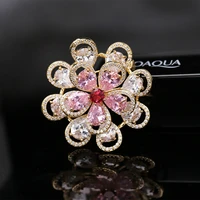 sweet simple crystal flower corsage for ladies new fashion zirconia brooches pins copper gold plated suit bouttoniere pin