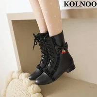 kolnoo new 2022 handmade ladies low heel boots butterfly knot crisscross shoelace ankle boots knight style fashion winter shoes