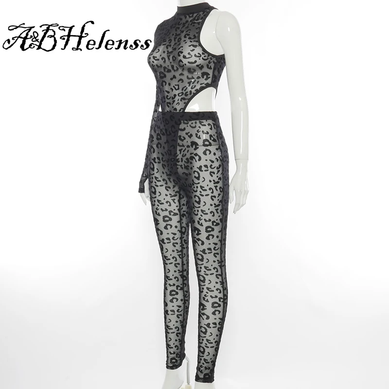 

A&BHelenss 2021 Summer Women Sexy Tracksuit Leopard Mesh Single Sleeve Irregular Jumpsuit Highwaist Trousers 2 Piece Sets