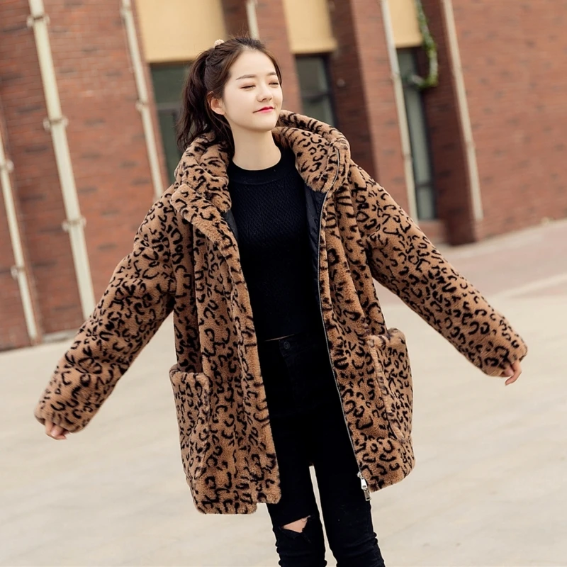 New Female 2023 Autumn Winter Imitation Rex Rabbit Fur Coat Mid-length Plus Cotton Slim Fashion Leopard Warm Faux Fur Jacket Top