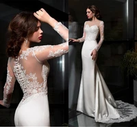 elegant satin sheer scoop neck wedding dresses with lace appliques train long sleeves mermaid bridal gowns vestidos de mairee