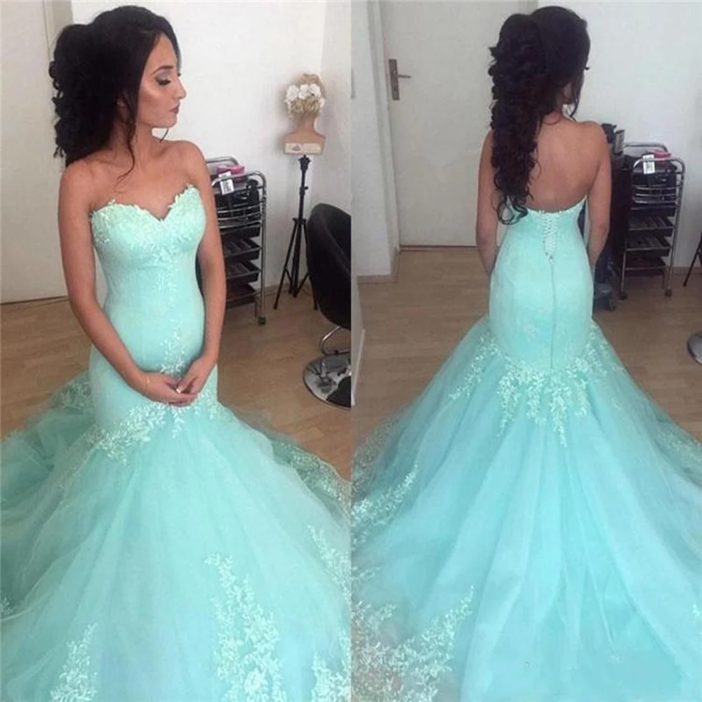 

Custom Mint Green Lace Mermaid Prom Dresses 2020 with Appliques Sweep Train Strapless Tulle Formal Evening Party Gowns