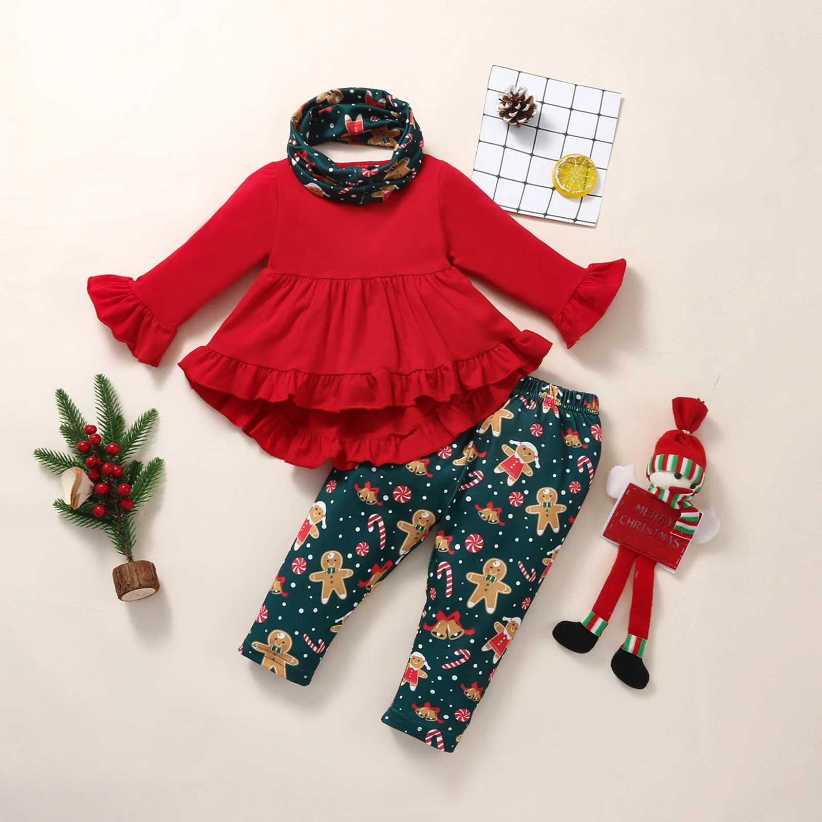 

Spring Autumn Christmas Toddler Infant Kids Baby Girls Set Long Sleeve Ruffle Tops Dress Printed Pants Headband Clothing